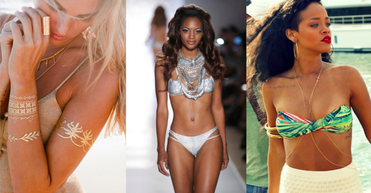 From L to R: Flash Tattoos; chunky necklaces as Beach Bunny; Rihanna