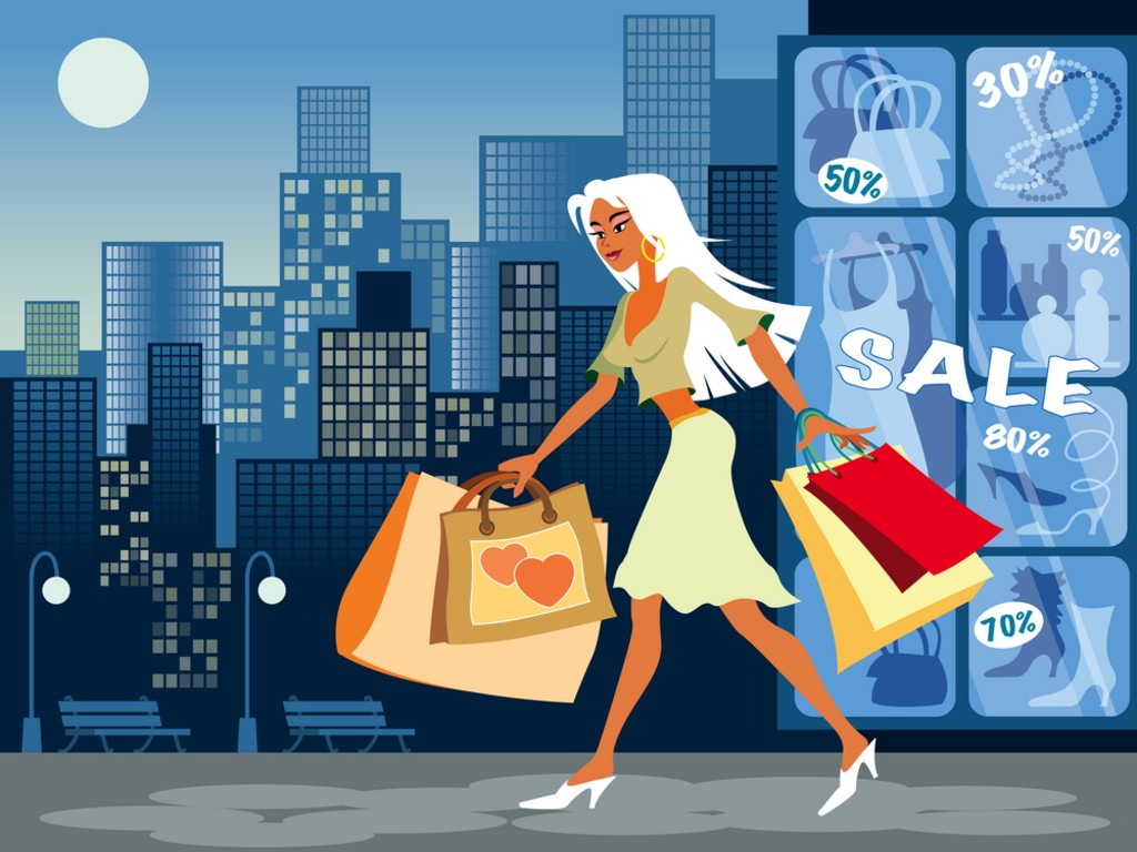 Illustration of girl with shopping bags on the sales