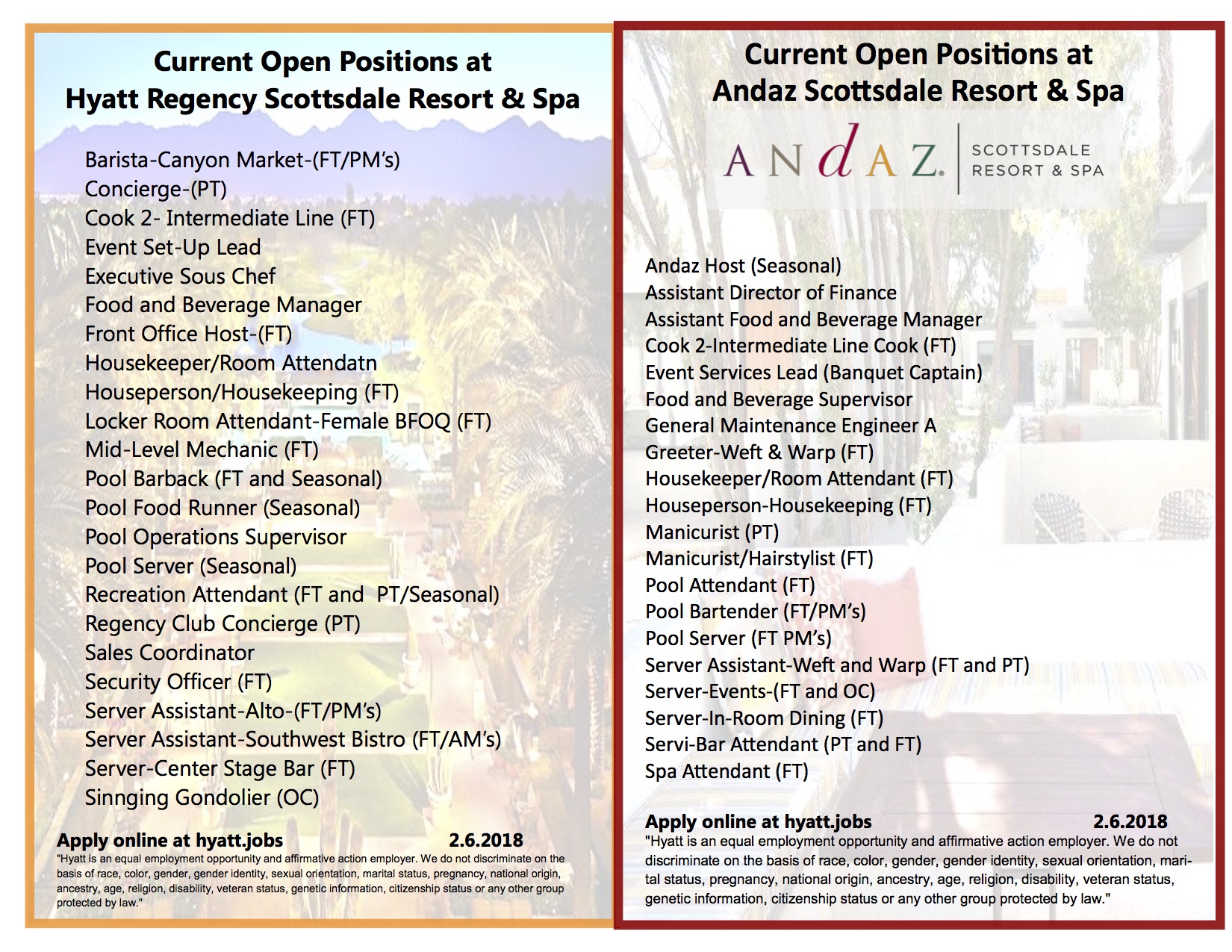 Hyatt Andaz Job Openings.Scottsdale only