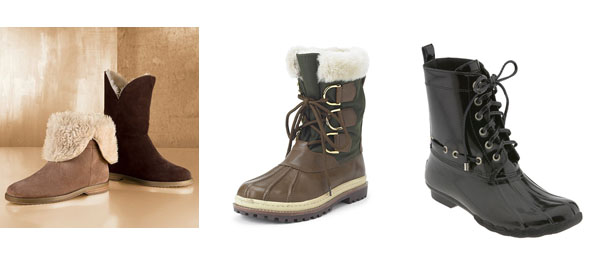 winterboots From left: Faux Sherling booties from Colin Stewart, Tory Burch fur-lined duck boots, Sperry Shearwaters