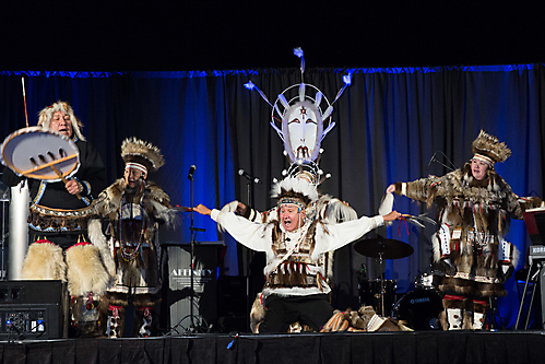 The Nunamta Yup'ik Eskimo Singers and Dancers open the Moondance program with a traditional song and dance