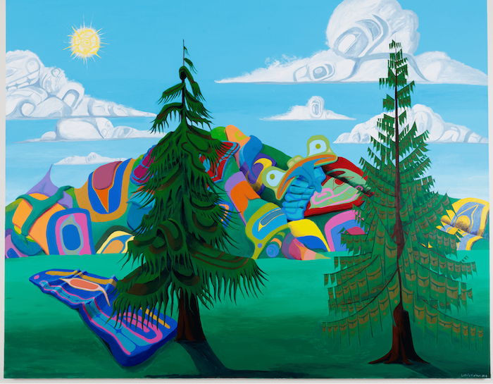 Lawrence Paul Yuxweluptun (b. 1957). New Climate Landscape (Northwest Coast Climate Change), 2019. Acrylic on canvas, 193 x 243.8 cm. 2020.10 Pu.png