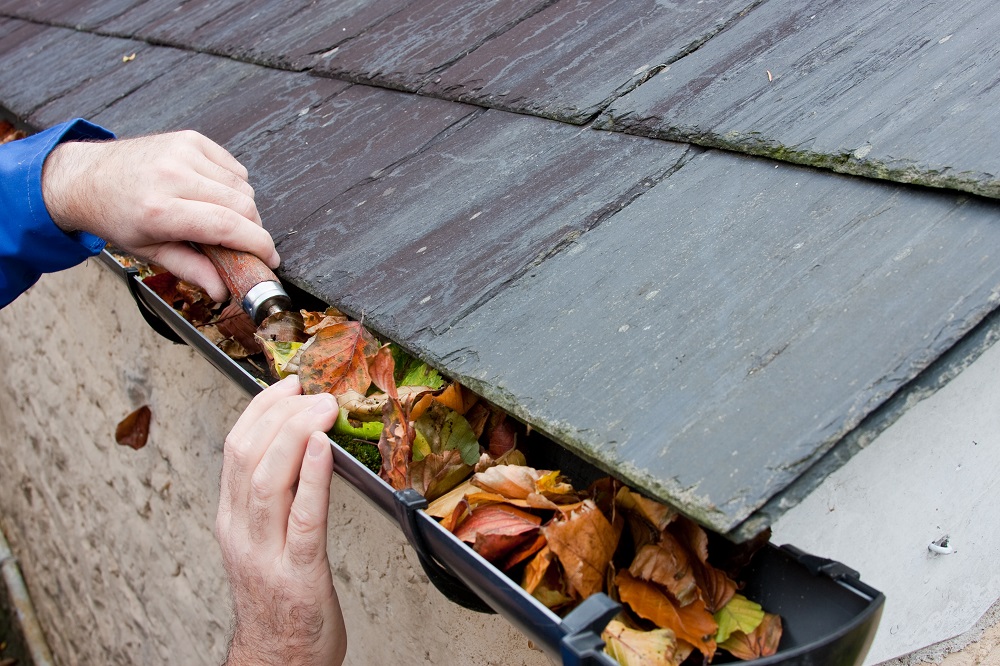 home maintenance cleaning the gutter with hands