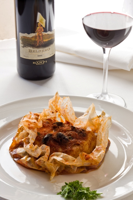 swordfish-email swordfish roasted inside parchment paper with white wine, roasted tomatoes, oil-cured olives and capers
