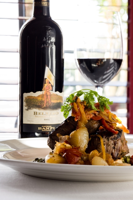 tenderloin-email Herb-marinated, dry-aged tenderloin with garlic, roasted tomatoes, red peppers and cipollini onions